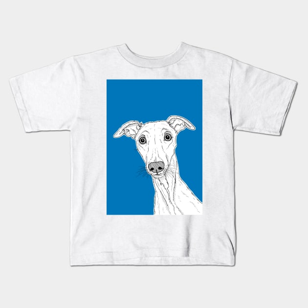 Whippet Dog Portrait ( blue background ) Kids T-Shirt by AdamRegester